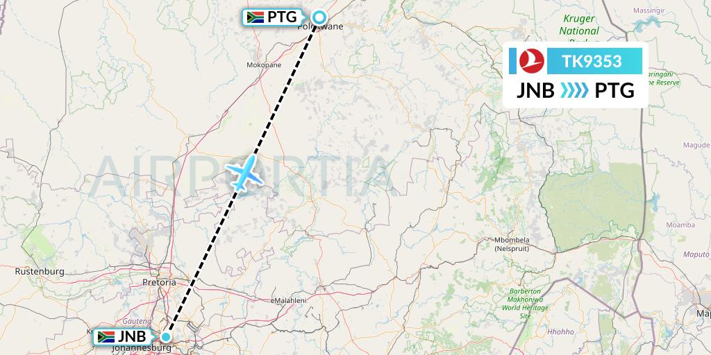 TK9353 Turkish Airlines Flight Map: Johannesburg to Polokwane