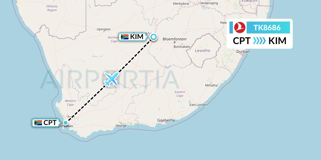TK8686 Turkish Airlines Flight Map: Cape Town to Kimberley