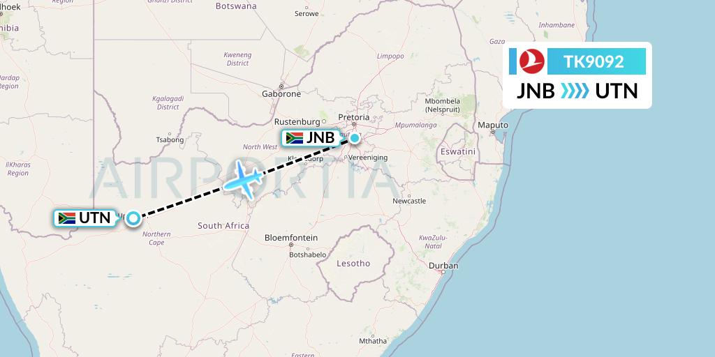 TK9092 Turkish Airlines Flight Map: Johannesburg to Upington