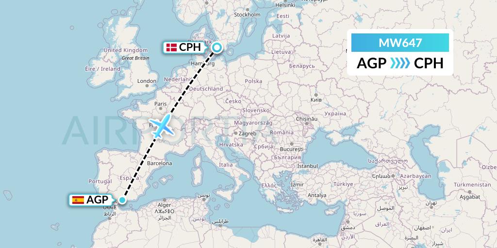 MW647 Mokulele Flight Service Flight Map: Malaga to Copenhagen