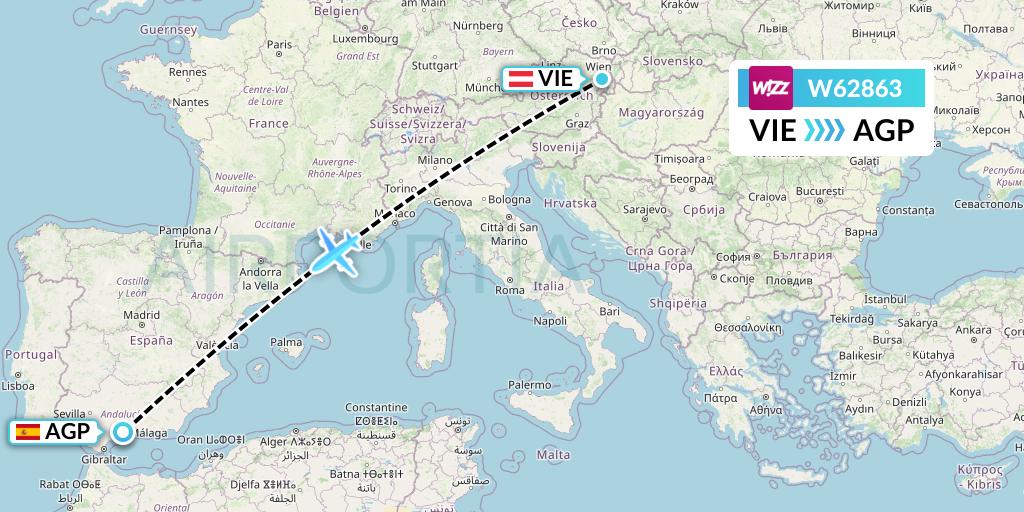 W62863 Wizz Air Flight Map: Vienna to Malaga