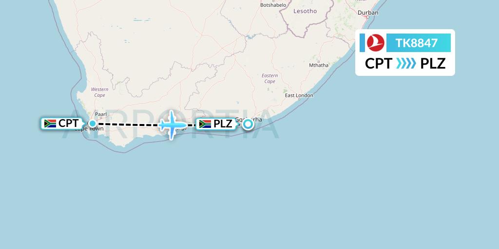 TK8847 Turkish Airlines Flight Map: Cape Town to Port Elizabeth