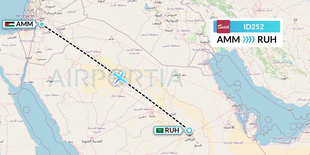 ID252 Batik Air Flight Map: Amman to Riyadh