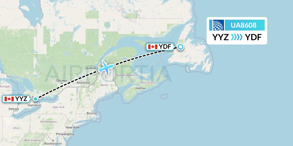 UA8608 United Airlines Flight Map: Toronto to Deer Lake
