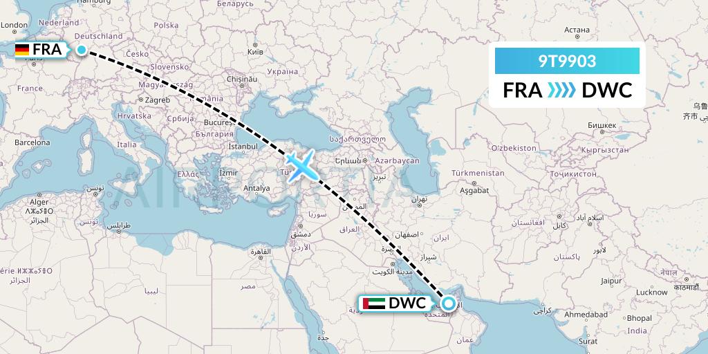 9T9903 Transwest Air Flight Map: Frankfurt to Dubai