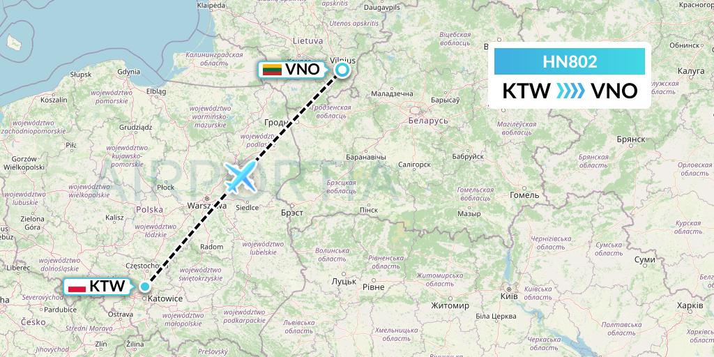 HN802 Uab Heston Airlines Jsc Heston Airl Flight Map: Katowice to Vilnius