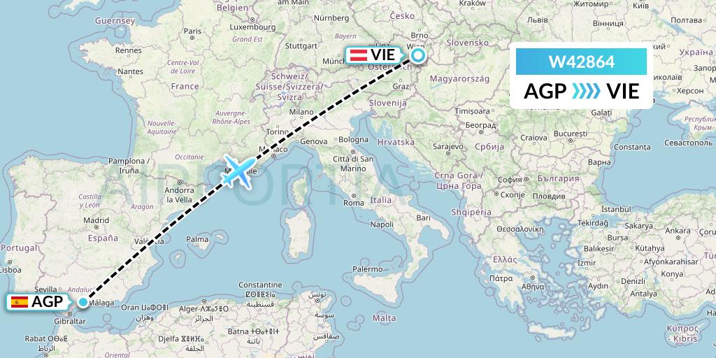 W42864 Wizz Air Malta Flight Map: Malaga to Vienna