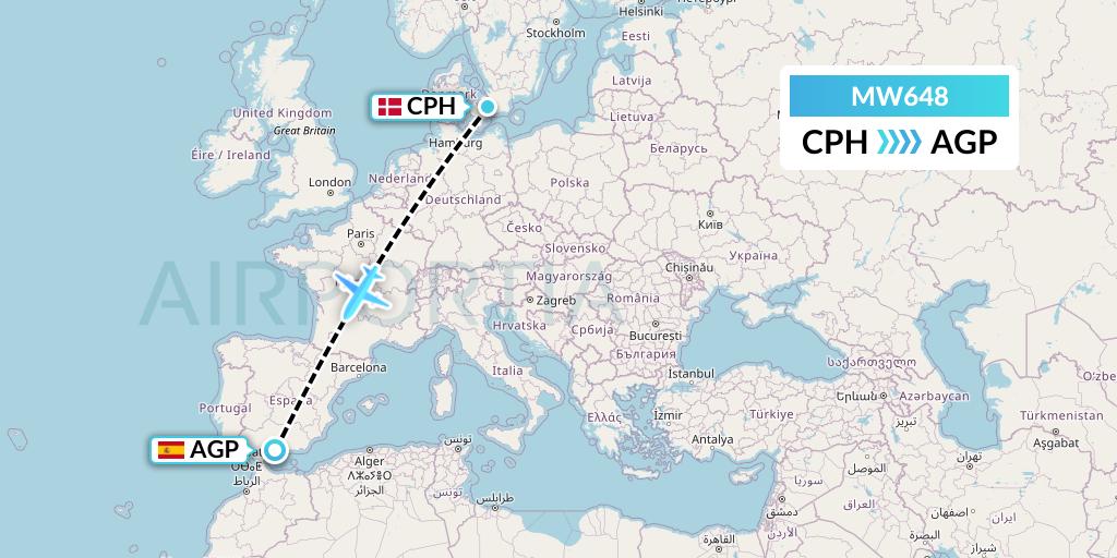 MW648 Mokulele Flight Service Flight Map: Copenhagen to Malaga
