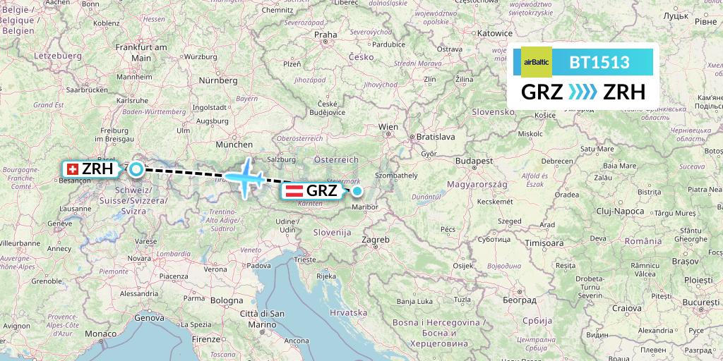 BT1513 Air Baltic Flight Map: Graz to Zurich