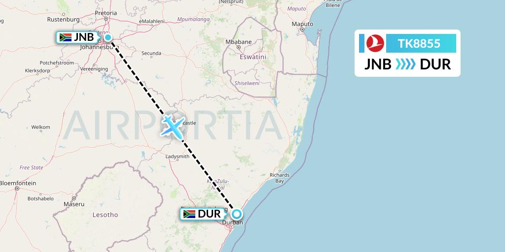 TK8855 Turkish Airlines Flight Map: Johannesburg to Durban