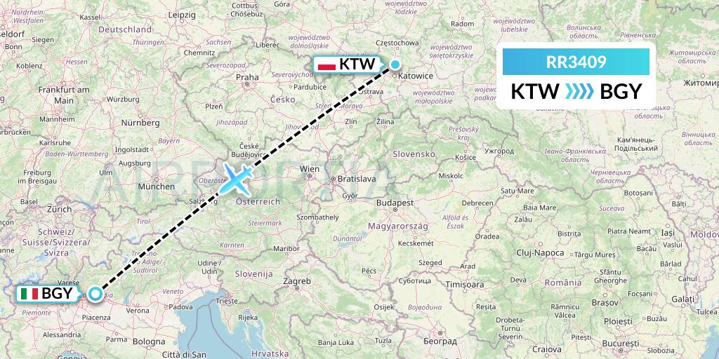 RR3409 Royal Air Force Flight Map: Katowice to Milan