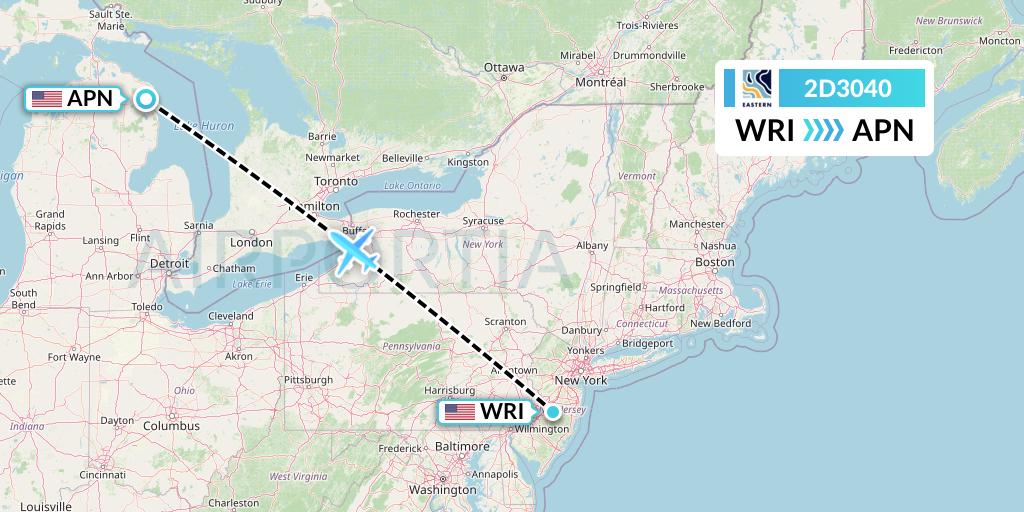 2D3040 Dynamic Airways Flight Map: Wrightstown to Alpena
