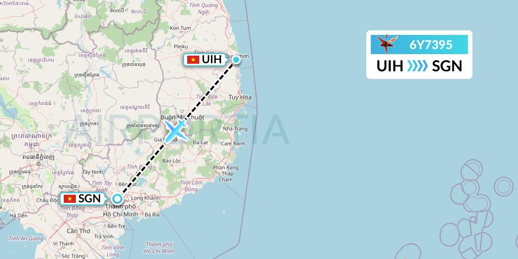 6Y7395 SmartLynx Flight Map: Qui Nhon to Ho Chi Minh City