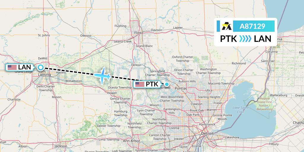 A87129 Aerolink Uganda Flight Map: Oakland County to Lansing