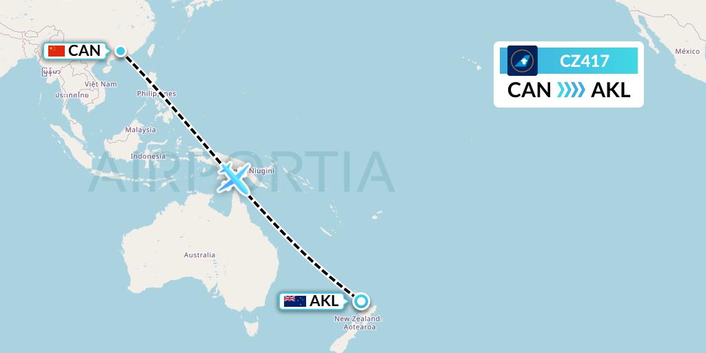 CZ417 China Southern Airlines Flight Map: Guangzhou to Auckland