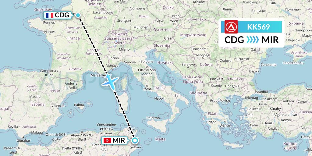 KK569 Atlasjet Flight Map: Paris to Monastir