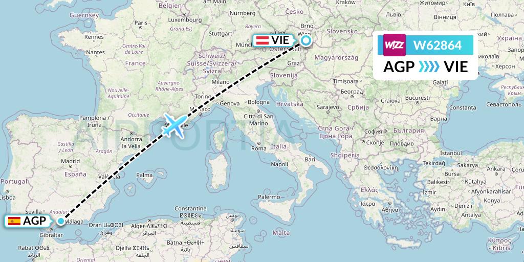 W62864 Wizz Air Flight Map: Malaga to Vienna