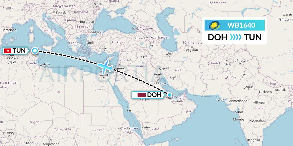 WB1640 RwandAir Flight Map: Doha to Tunis