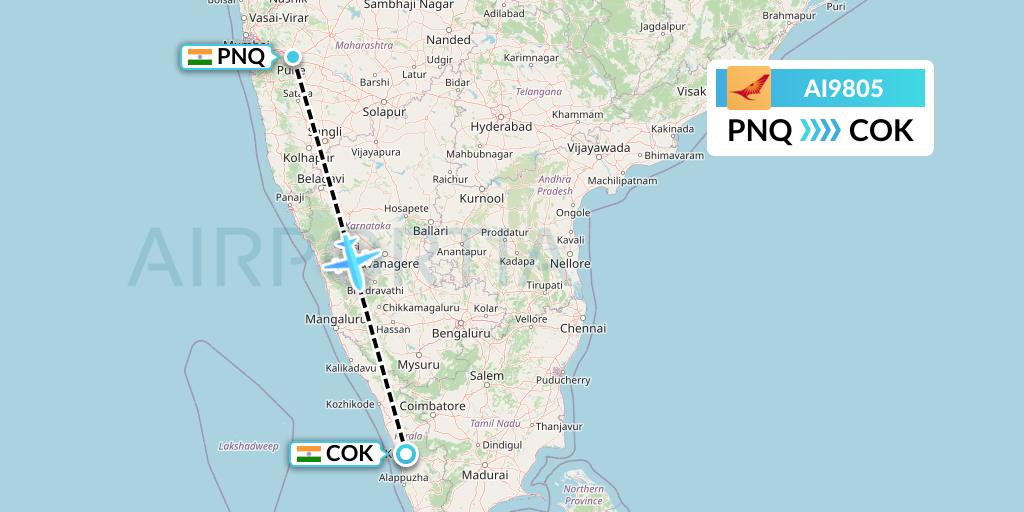 AI9805 Air India Flight Map: Pune to Cochin