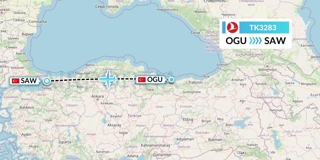 TK3283 Turkish Airlines Flight Map: Ordu to Istanbul