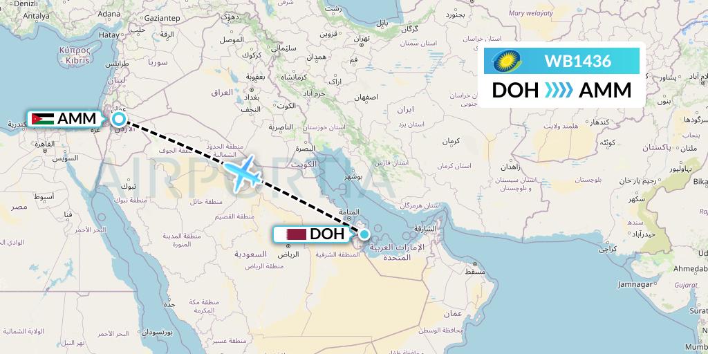 WB1436 RwandAir Flight Map: Doha to Amman