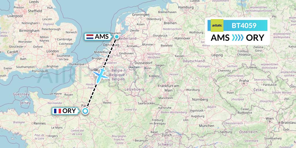 BT4059 Air Baltic Flight Map: Amsterdam to Paris