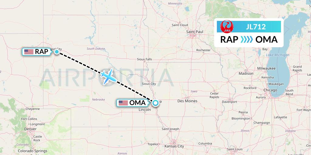 JL712 Japan Airlines Flight Map: Rapid City to Omaha