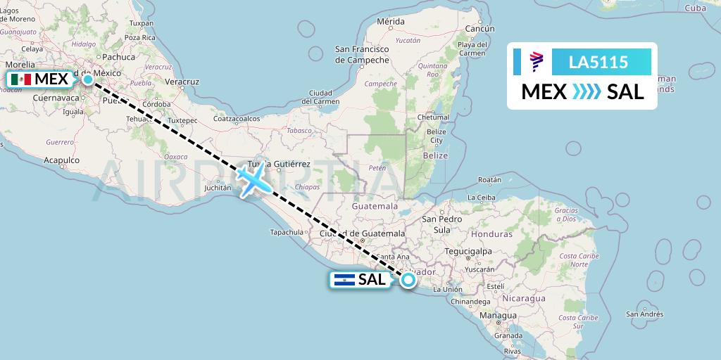 LA5115 LAN Airlines Flight Map: Mexico City to San Salvador