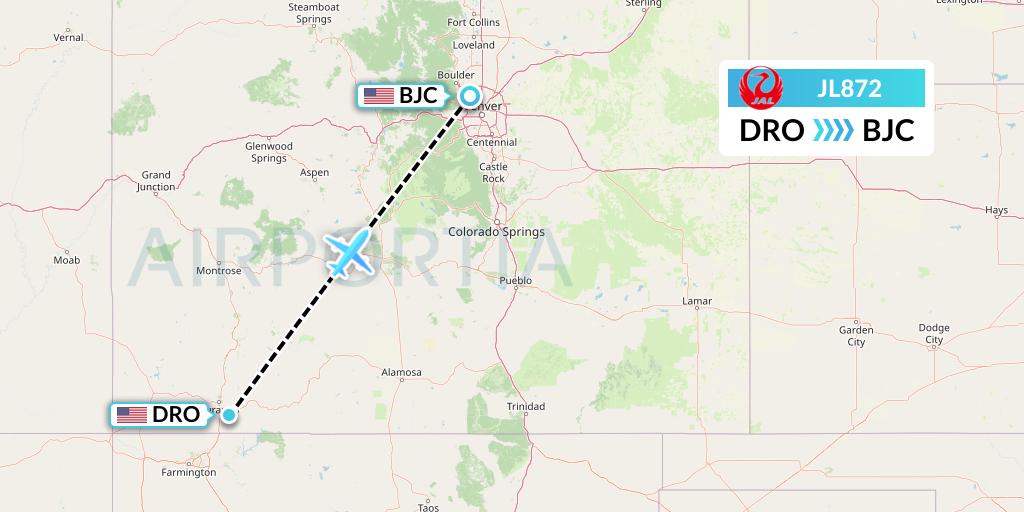 JL872 Japan Airlines Flight Map: Durango to Denver