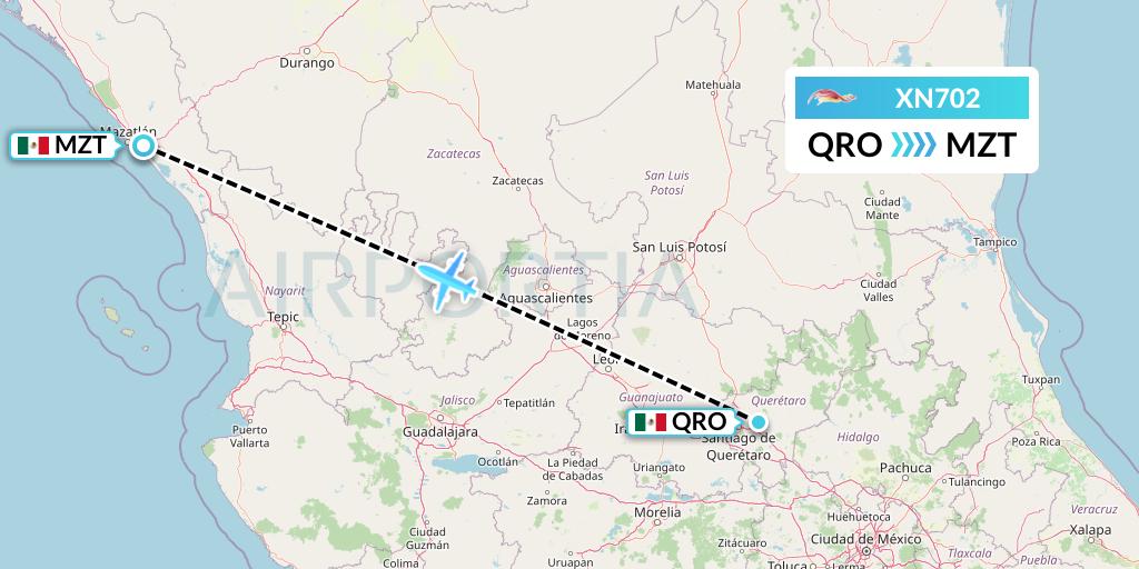 XN702 Express Air Flight Map: Queretaro to Mazatlan