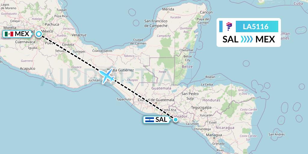 LA5116 LAN Airlines Flight Map: San Salvador to Mexico City