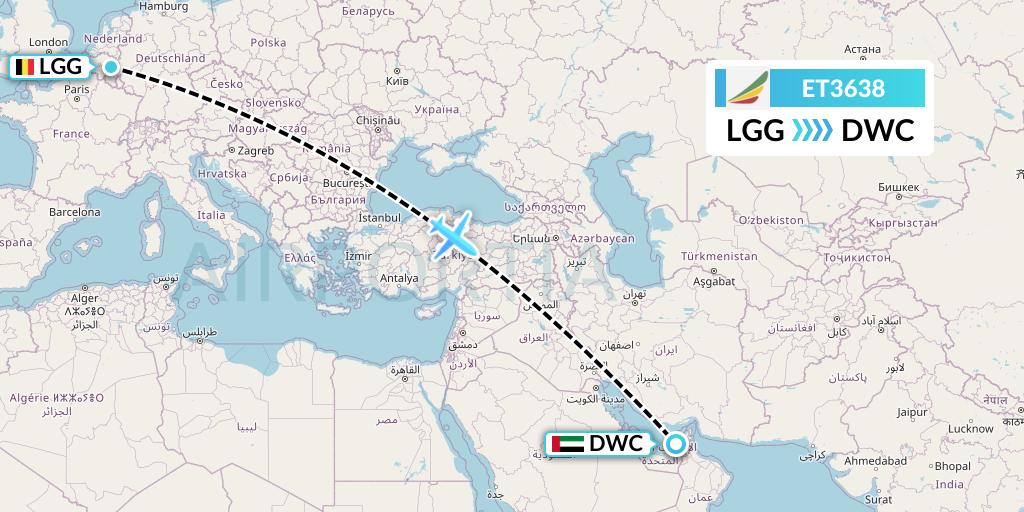 ET3638 Ethiopian Airlines Flight Map: Liege to Dubai