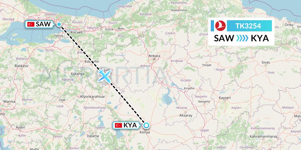 TK3254 Turkish Airlines Flight Map: Istanbul to Konya