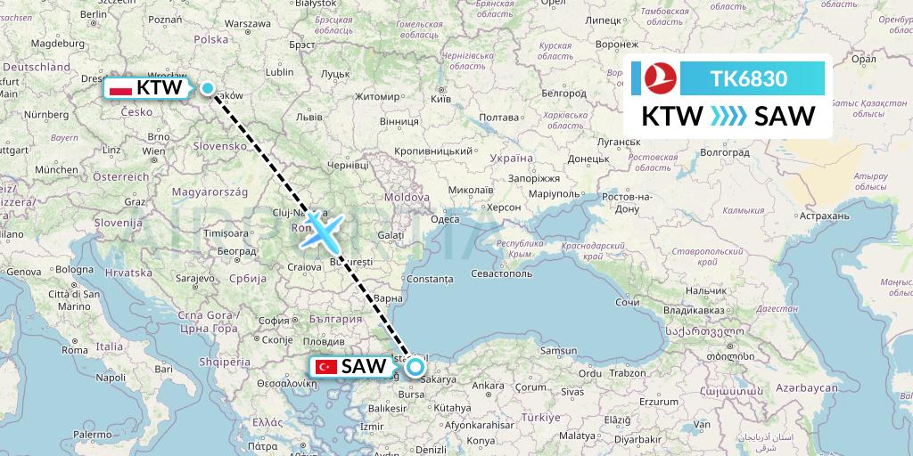 TK6830 Turkish Airlines Flight Map: Katowice to Istanbul