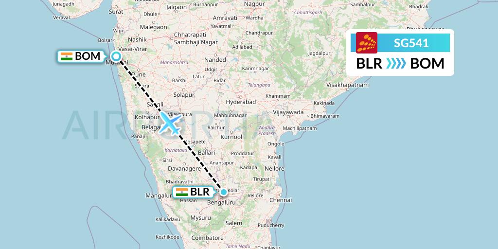 SG541 SpiceJet Flight Map: Bangalore to Mumbai