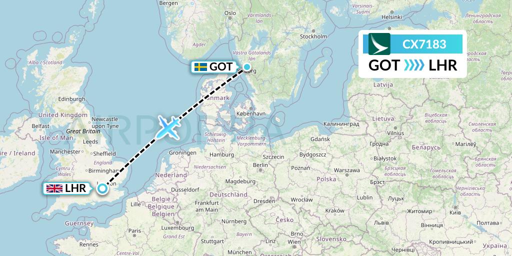 CX7183 Cathay Pacific Flight Map: Gothenburg to London
