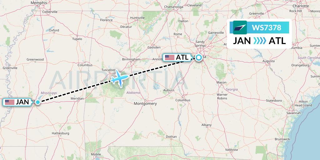 WS7378 WestJet Flight Map: Jackson to Atlanta