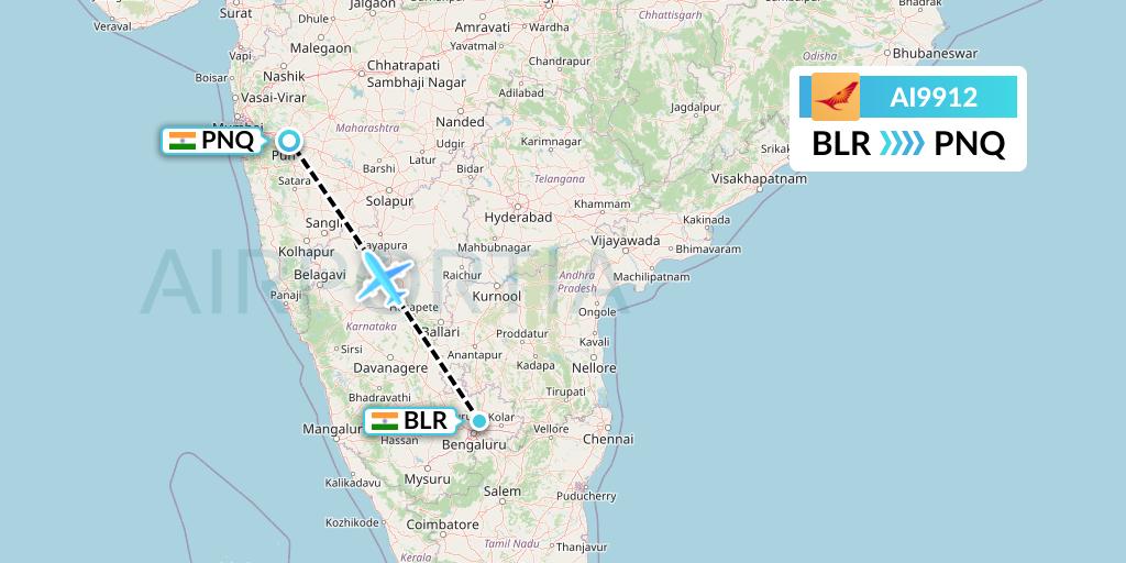 AI9912 Air India Flight Map: Bangalore to Pune