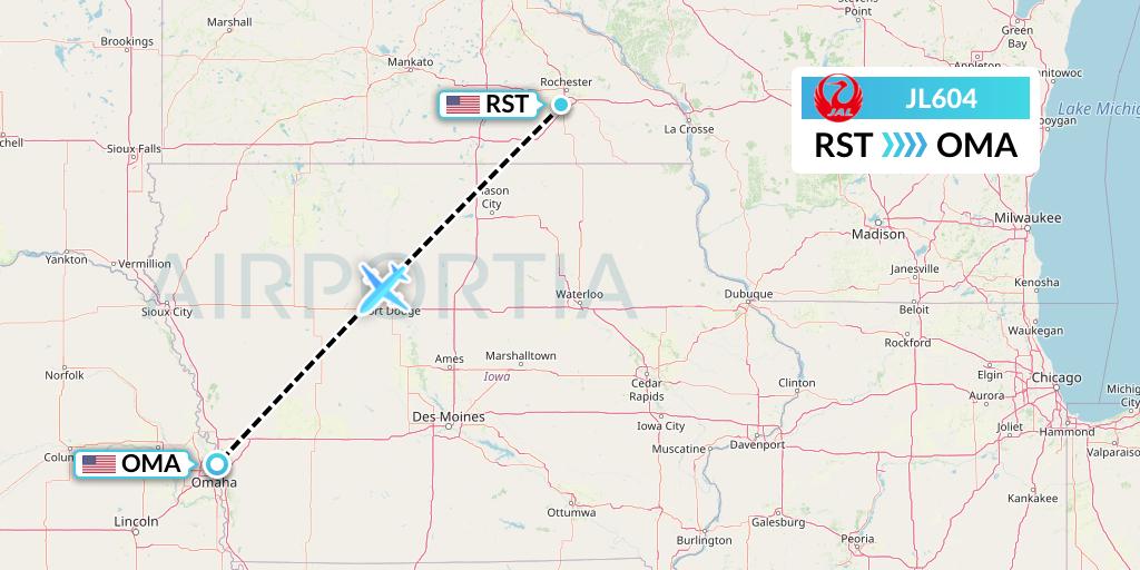 JL604 Japan Airlines Flight Map: Rochester to Omaha