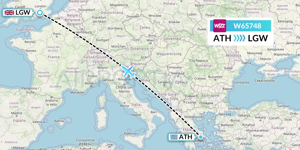 W65748 Wizz Air Flight Map: Athens to London