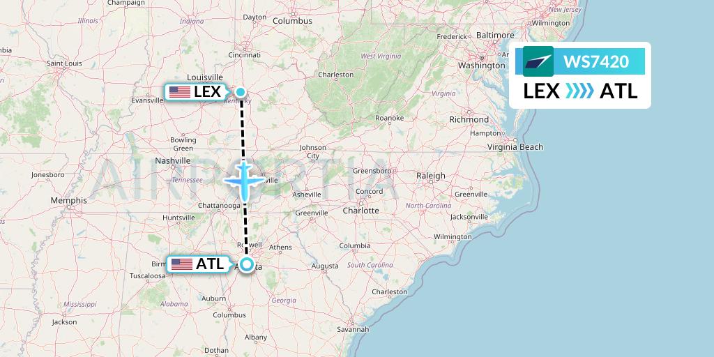 WS7420 WestJet Flight Map: Lexington to Atlanta