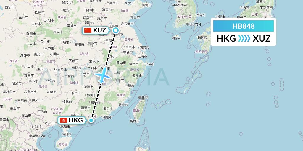 HB848 Greater Bay Airlines Flight Map: Hong Kong to Xuzhou