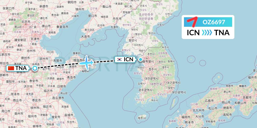 OZ6697 Asiana Airlines Flight Map: Seoul to Jinan