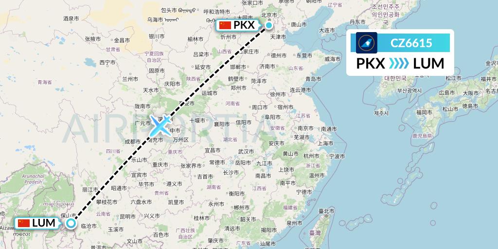 CZ6615 China Southern Airlines Flight Map: Beijing to Mangshi