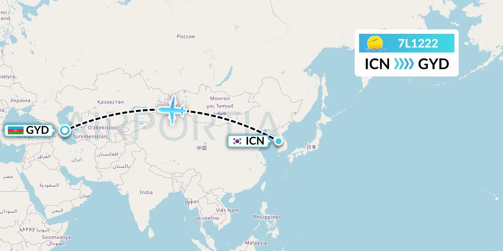 7L1222 Silk Way West Airlines Flight Map: Seoul to Baku