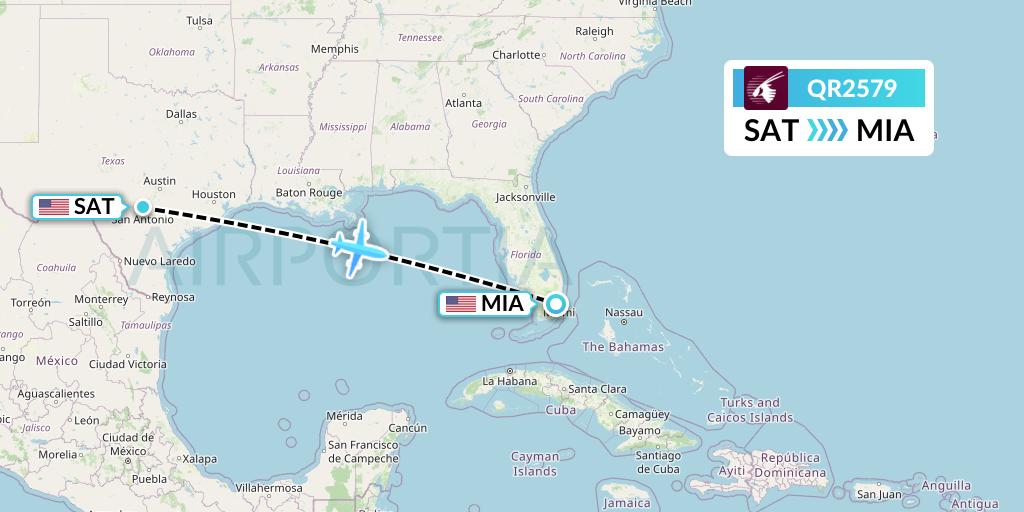 QR2579 Qatar Airways Flight Map: San Antonio to Miami