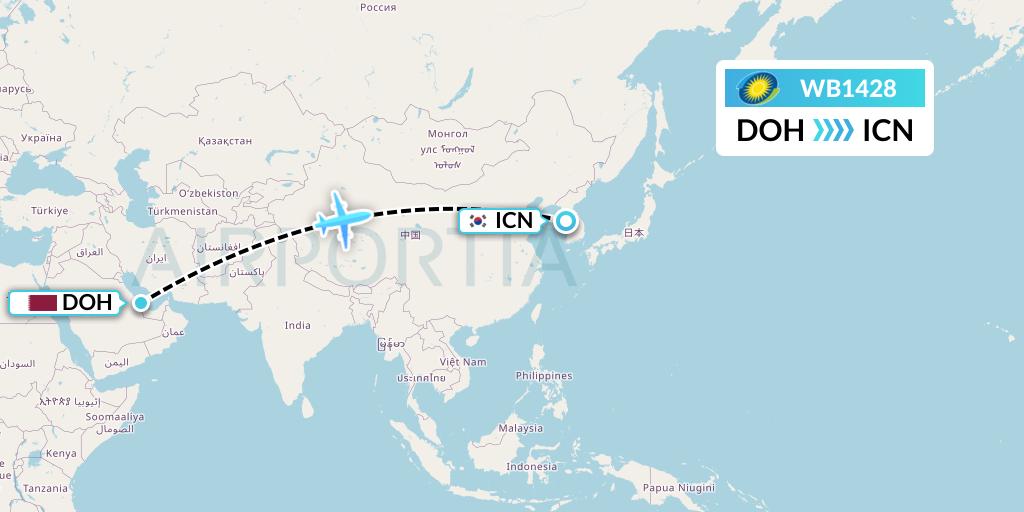 WB1428 RwandAir Flight Map: Doha to Seoul