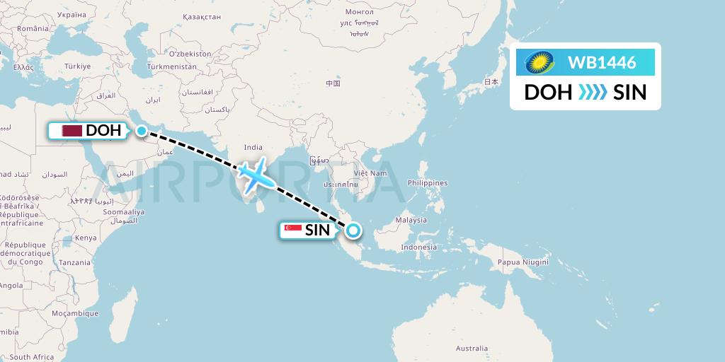 WB1446 RwandAir Flight Map: Doha to Singapore