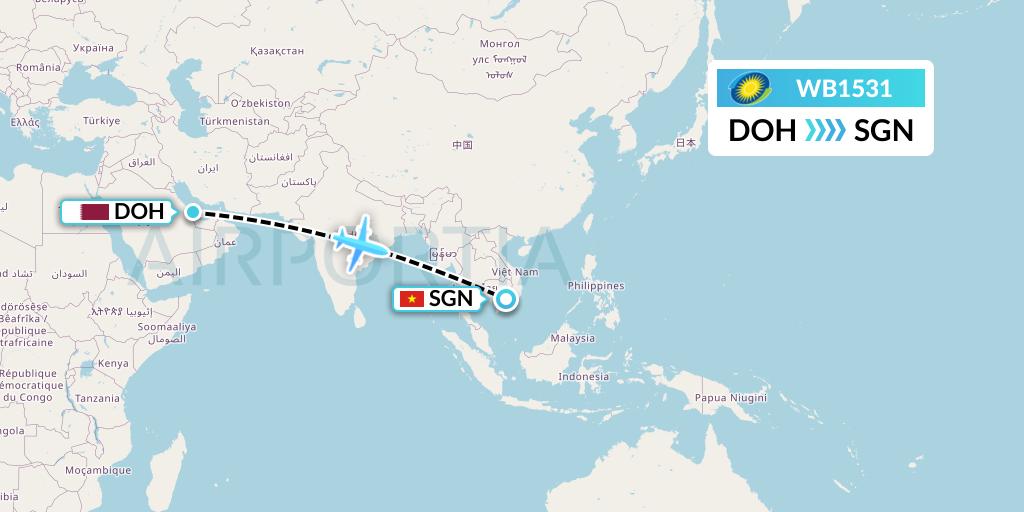 WB1531 RwandAir Flight Map: Doha to Ho Chi Minh City