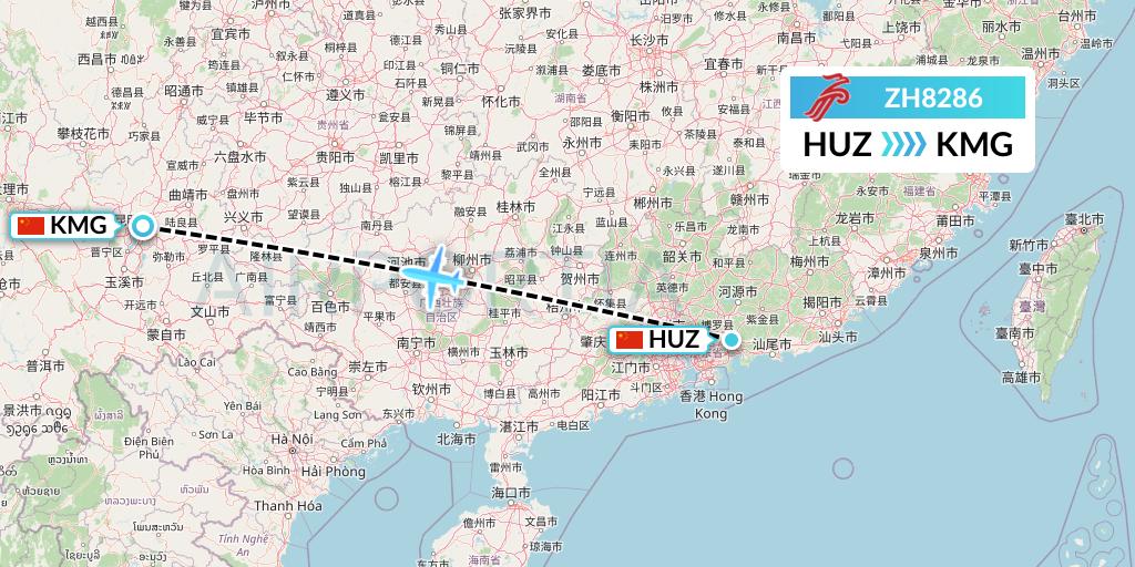 ZH8286 Shenzhen Airlines Flight Map: Huizhou to Kunming